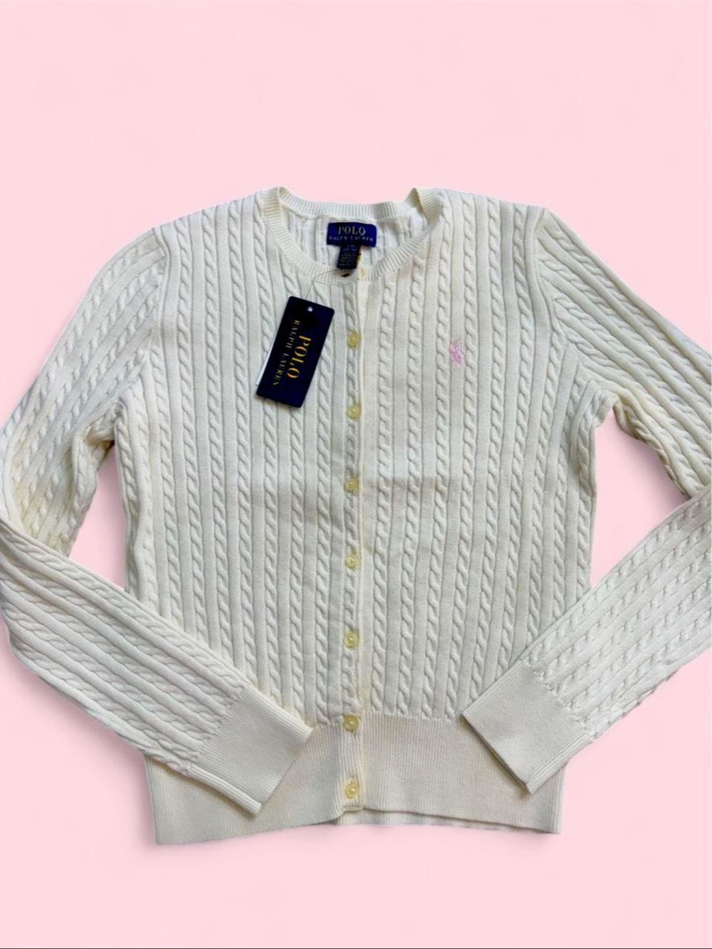 Ralph Lauren Cream Cable-Knit Button Cardigan with Pink Logo
